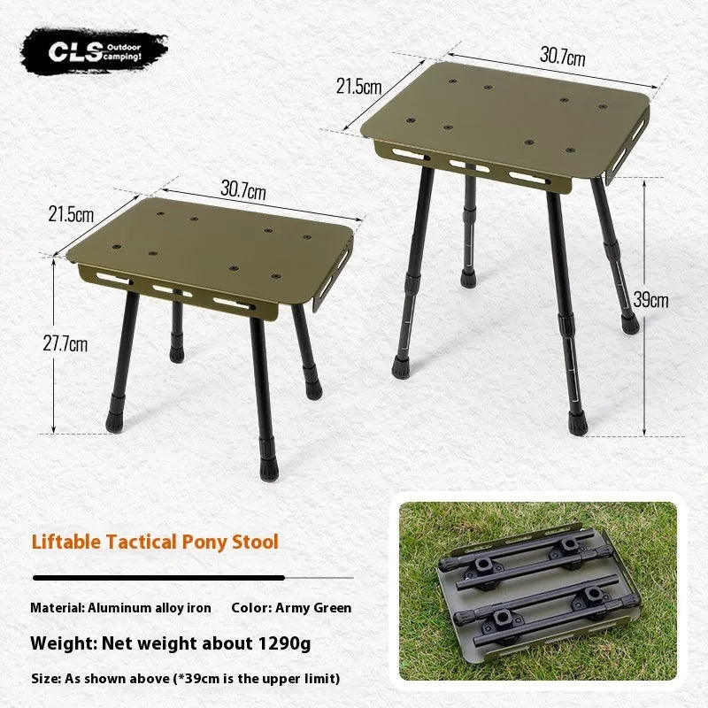 CLS aluminium folding camping stool shown in dual-use mode as a seat and small table with storage bag.