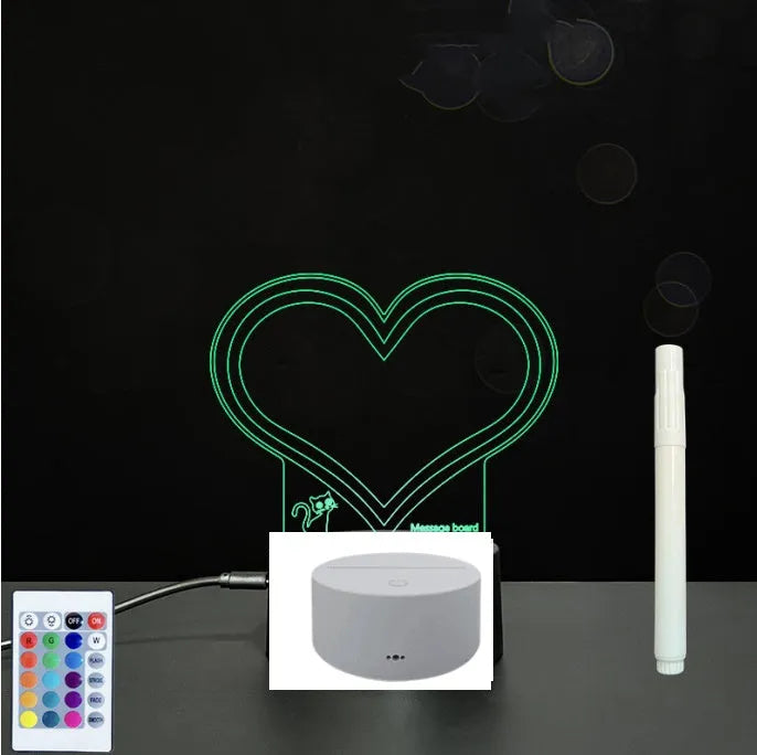 3D acrylic LED message board with touch control, black ABS base, USB cable, and stylus pen on desk