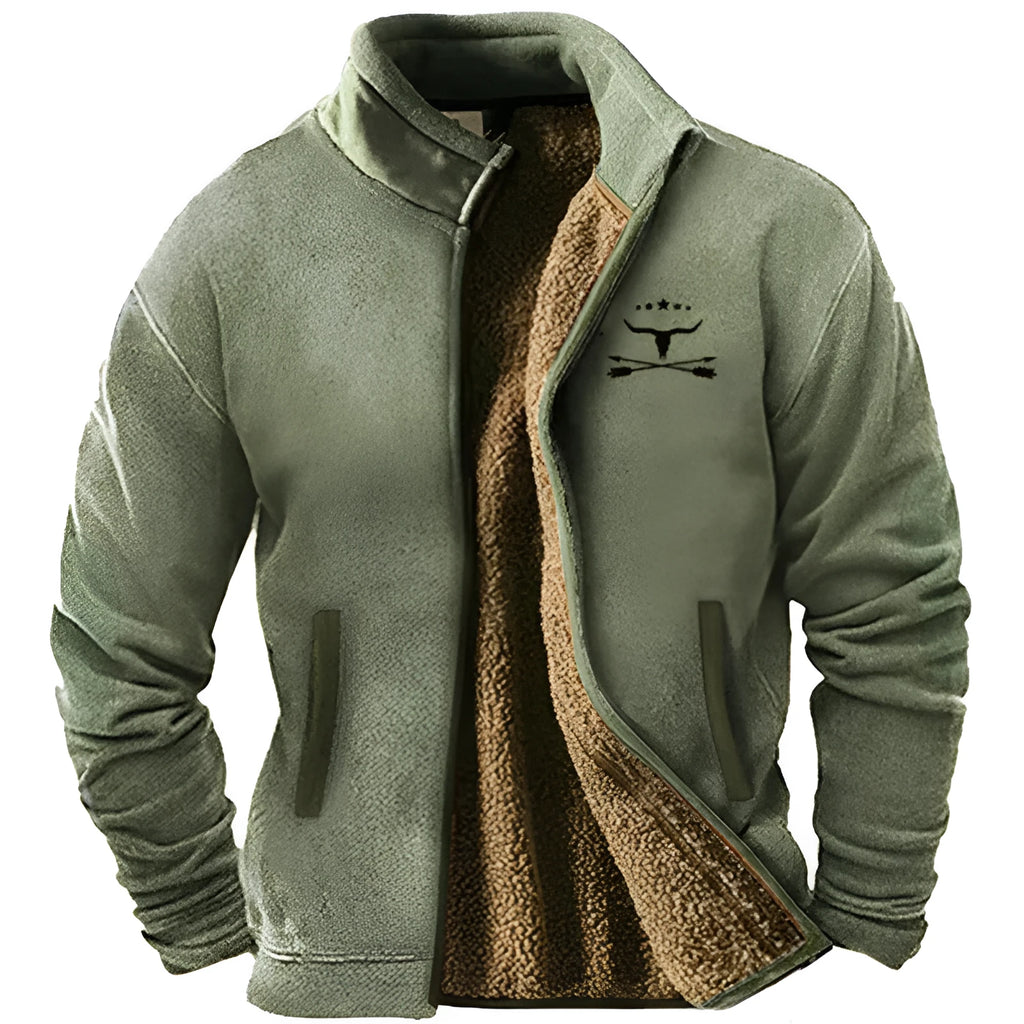 Men's green polyester padded coat with a regular fit and fleece lining on a hanger.