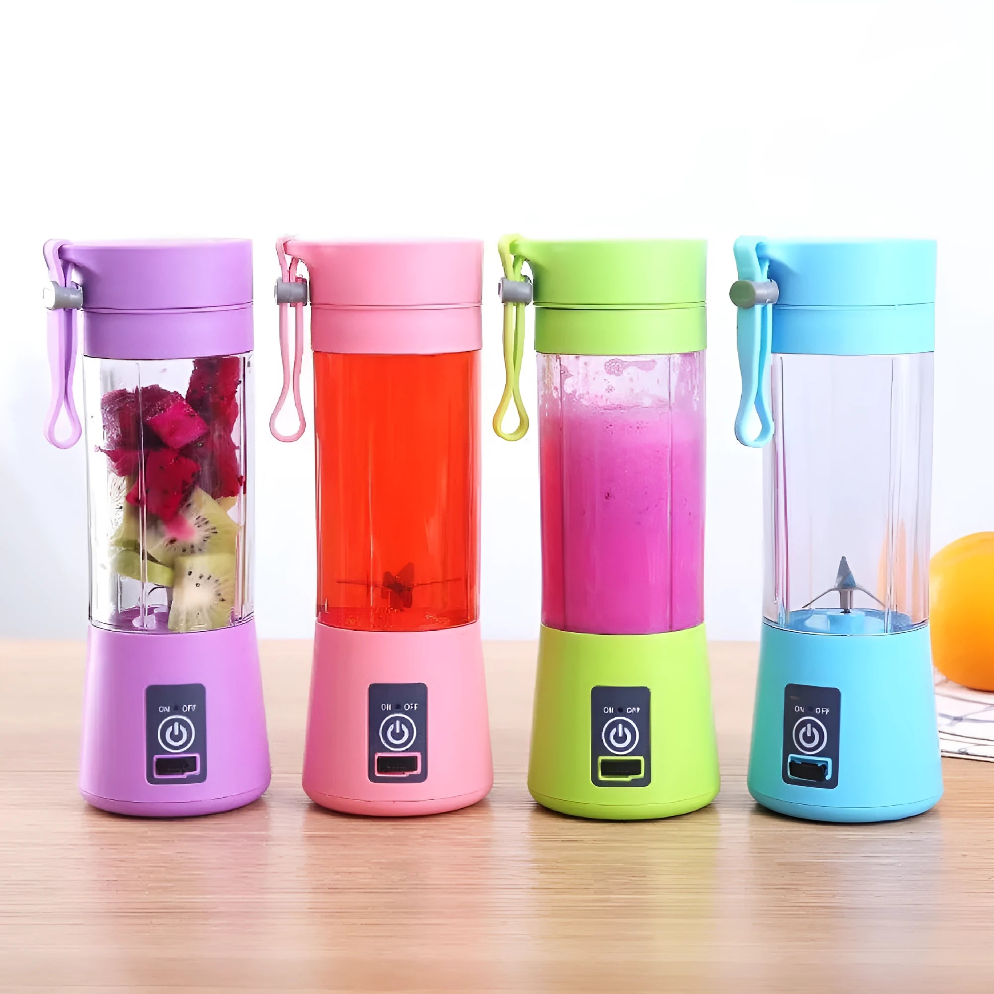 Portable USB rechargeable blender with pink cup and six stainless steel blades