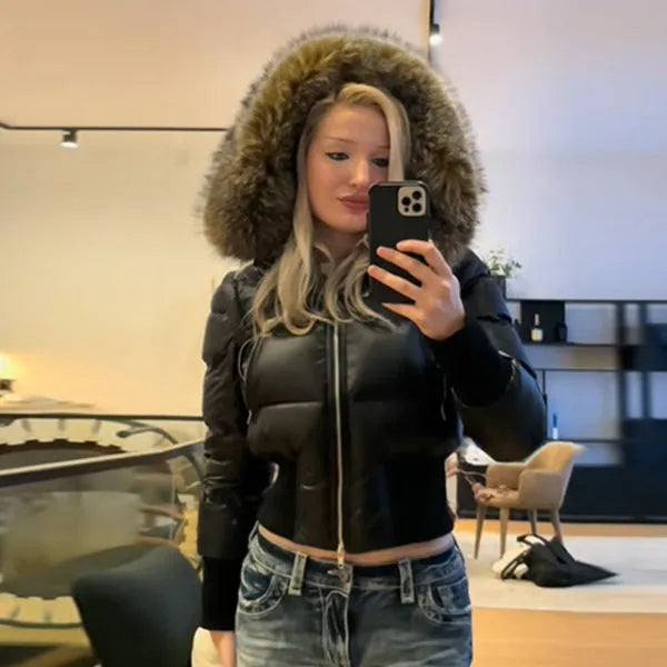 Women's detachable sleeves hooded fur collar waist-cinching short polyester coat in black, front view