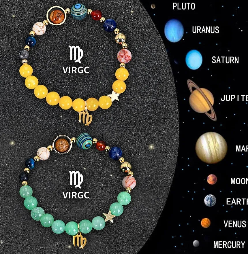 Two natural stone beaded bracelets with zodiac sign charms on a white background