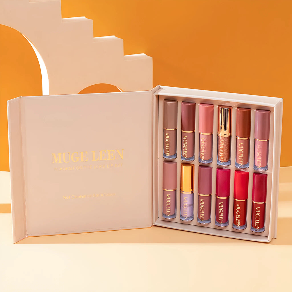 Matte shimmer lip glaze set with 12 colours featuring nonstick cup technology