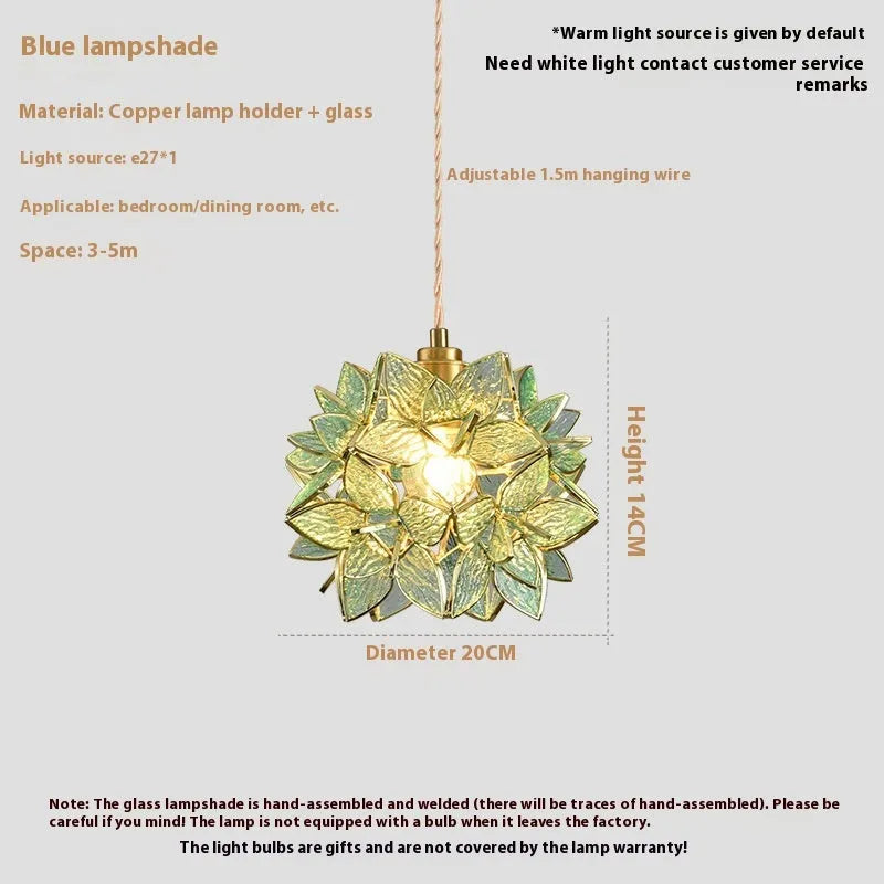 Stained glass hanging chandelier with coloured shades and copper lamp heads on adjustable cable
