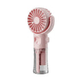 Handheld portable mist fan showing transparent water tank and multiple colour options