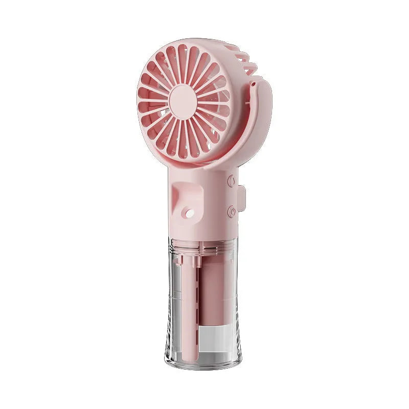 Handheld portable mist fan showing transparent water tank and multiple colour options