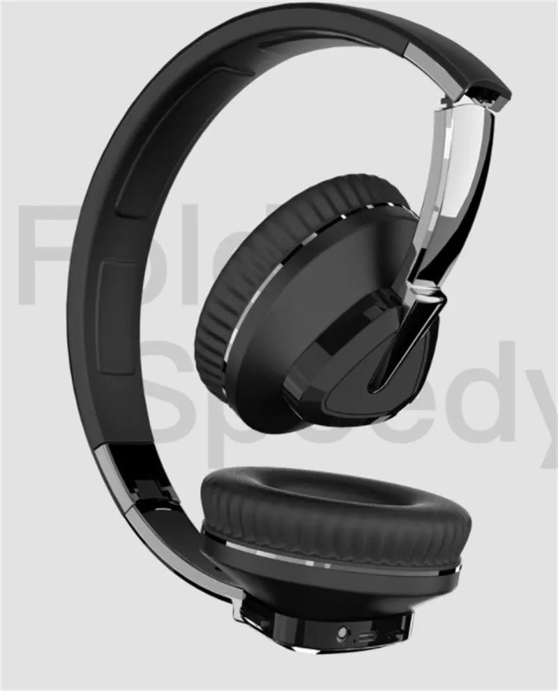 Black wireless over-ear Bluetooth headset with all-inclusive ear cups, showing AUX port and control buttons.