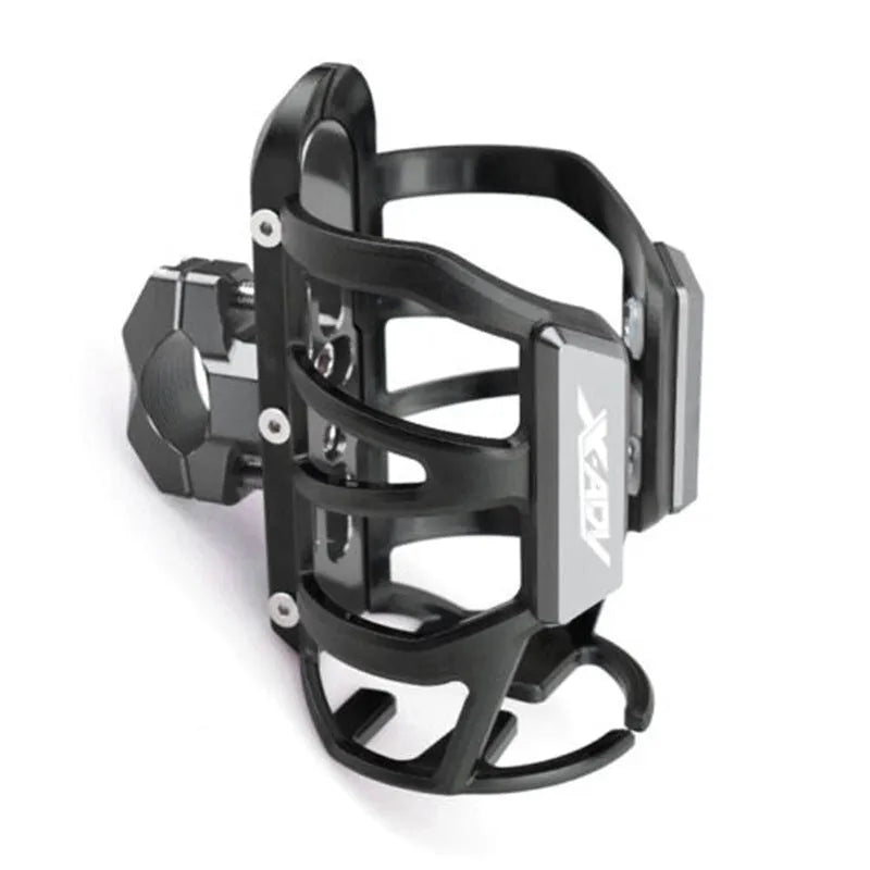 Black modified water bottle cage mounted on a Honda X-ADV scooter.