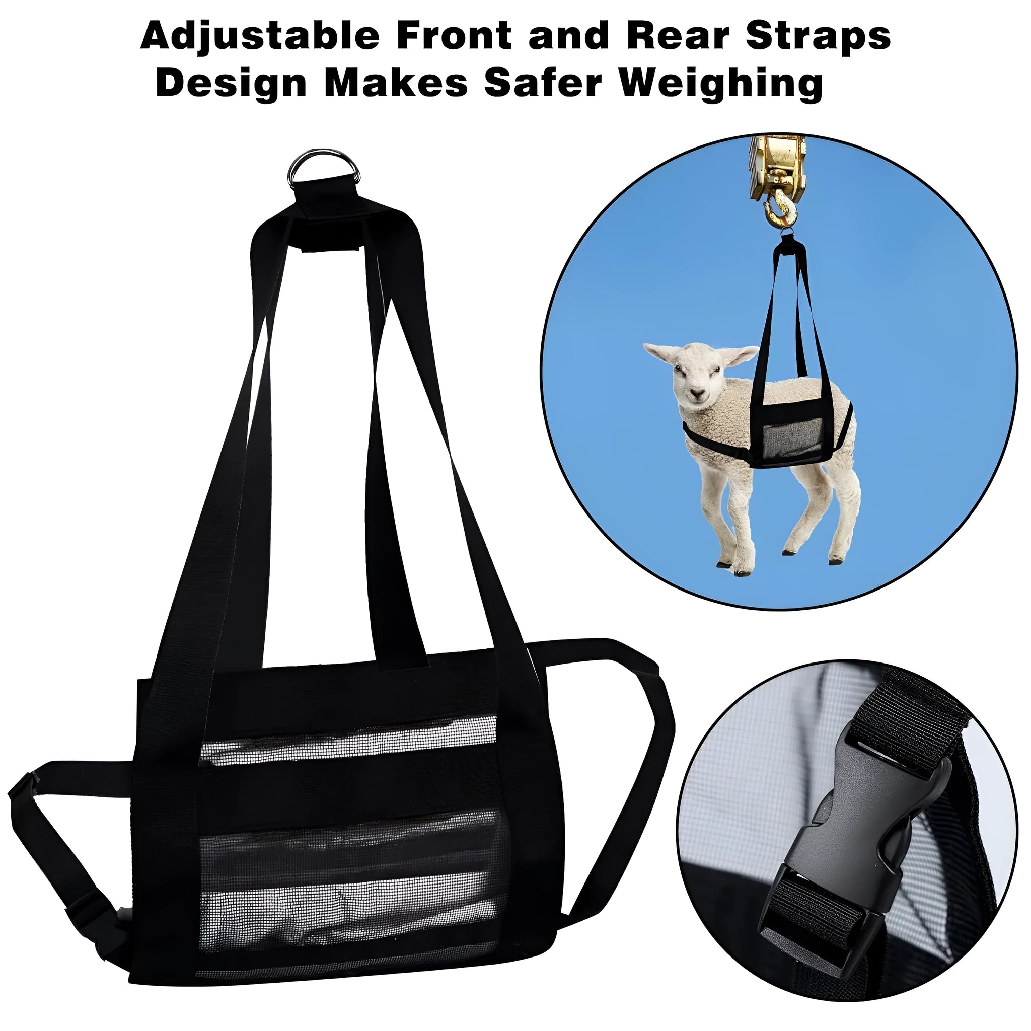 Black heavy-duty animal weighing sling measuring 35cm by 150cm for veterinary and farm use