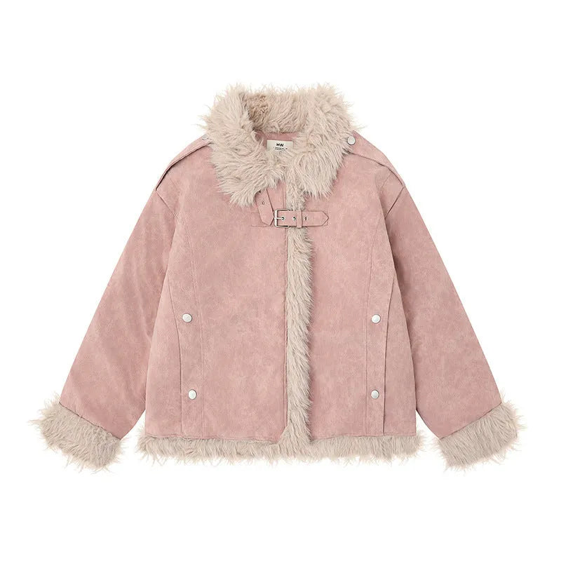 Women's American-style retro lamb wool coat in loose fit, available in black, brown, and pink, sizes S to XL