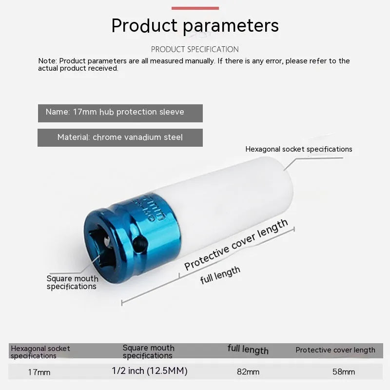 45# steel hexagon impact socket wrench for pneumatic tools in 17mm, 19mm, 21mm, or 22mm size.