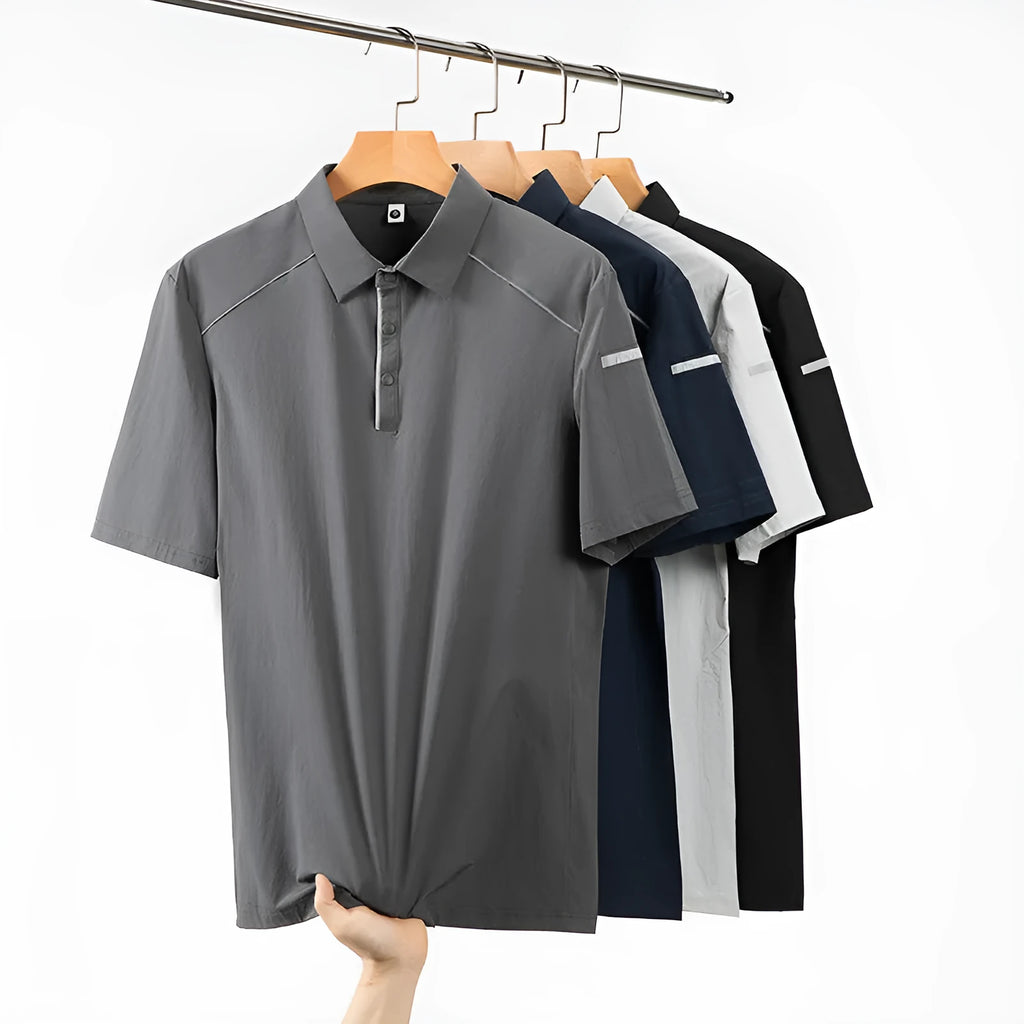 Men's solid colour polo shirt with short sleeves and slit side detail in chemical fibre blend fabric