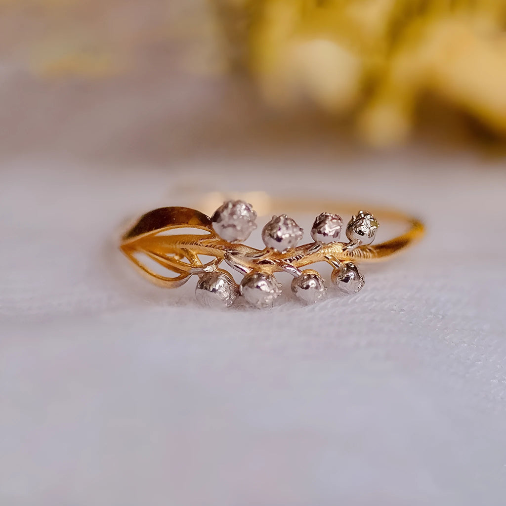 S925 pure silver bell orchid ring with micro inlay, champagne gold finish, on white background