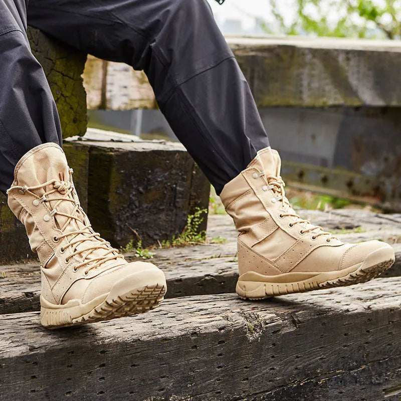 Summer Yulong unisex tactical combat and climbing boots in black and sand colours.