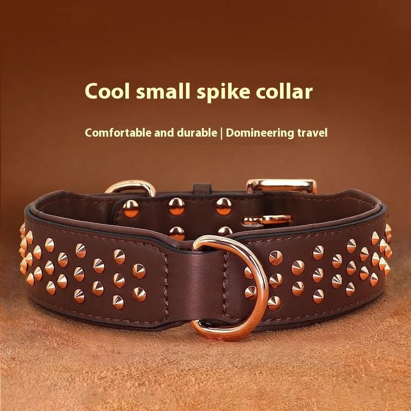 Leather dog collar with metal rivets in black, shown on a size chart with chocolate and pink colour options.