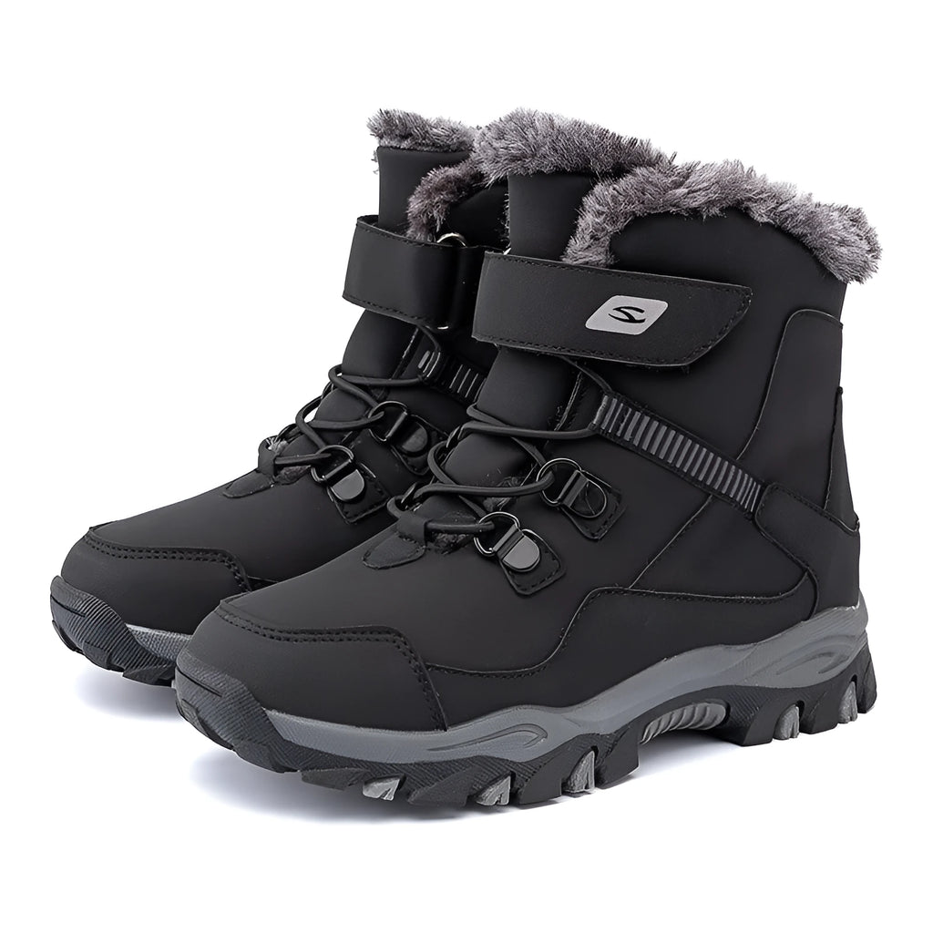 Hobby Bear black children's Martin boots with velcro buckle on a non-slip rubber sole.