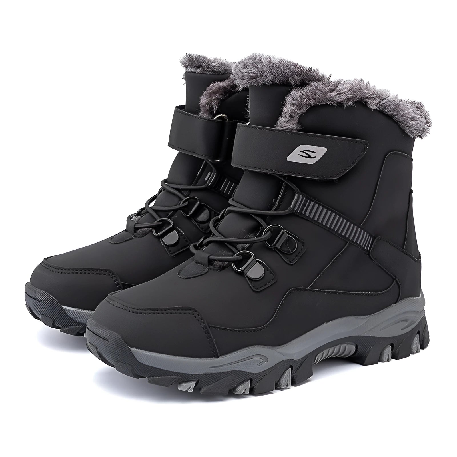 Hobby Bear black children's Martin boots with velcro buckle on a non-slip rubber sole.