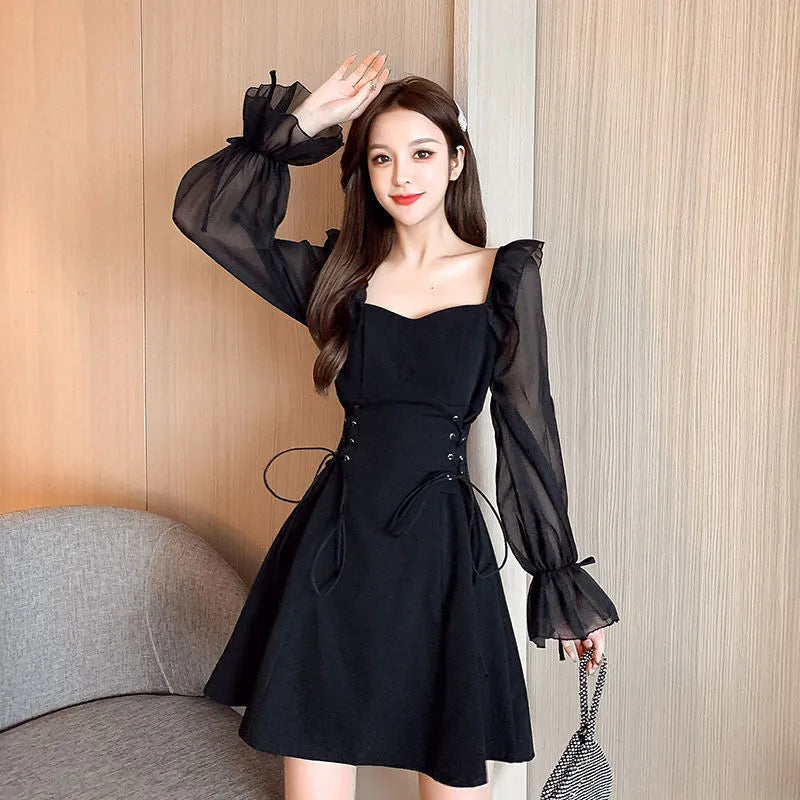 Women's white chiffon patchwork dress with waist-slimming design and long sleeves