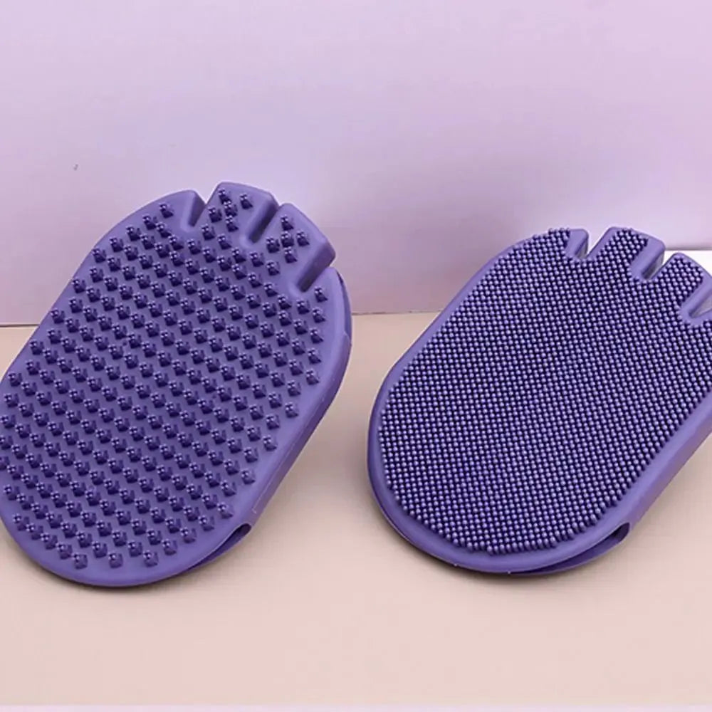 Purple dual-sided pet shampoo massage brush with soft TPR bristles and ergonomic handle