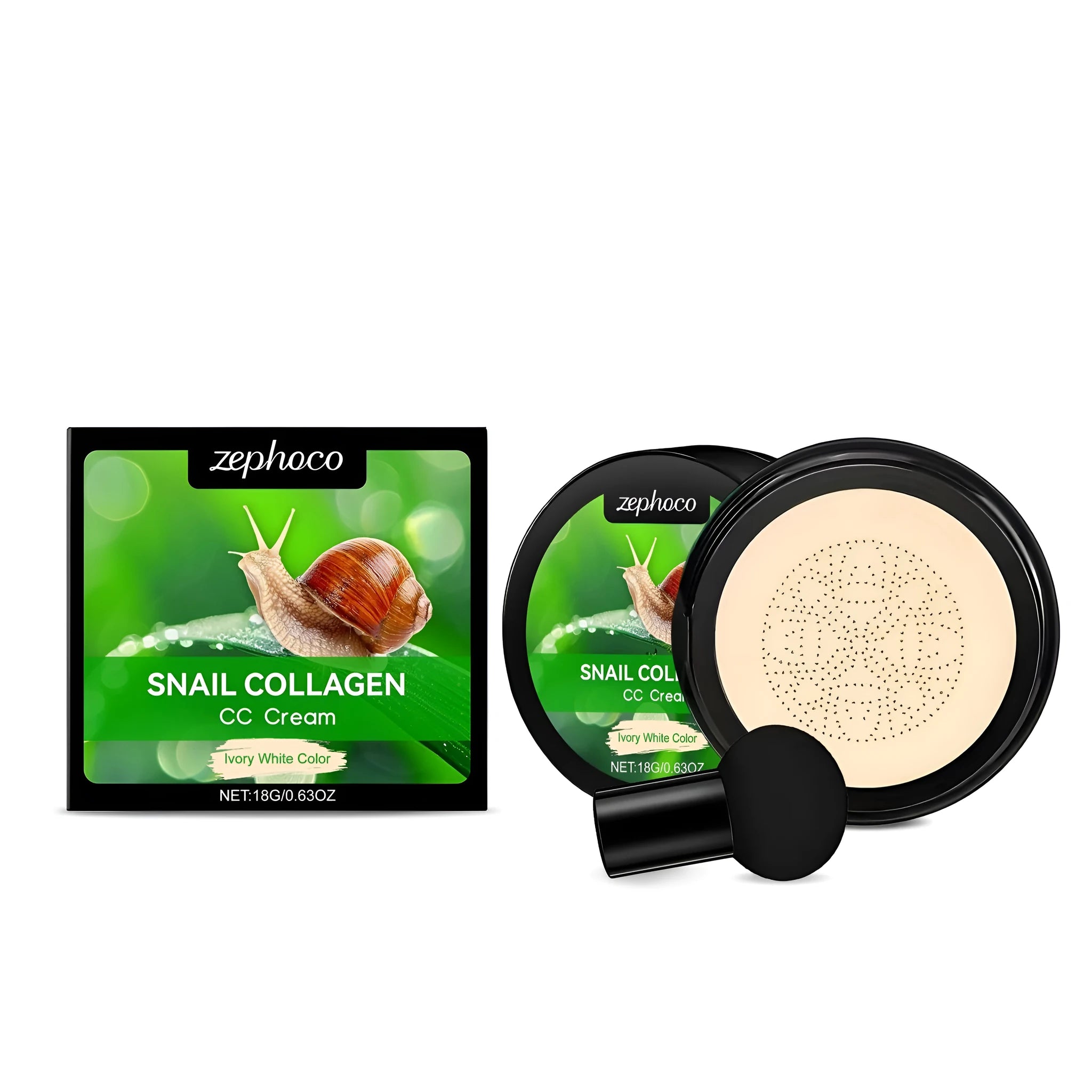 ZEPHOCO CC cream tube and mushroom powder puff in Ivory white and Natural colour options