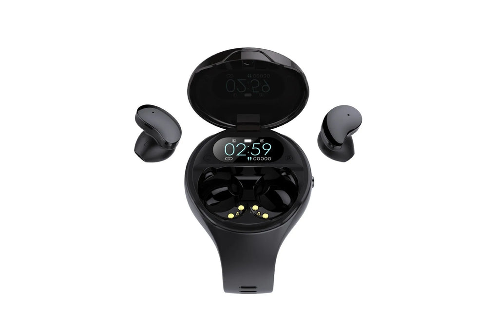 Black Bluetooth headset detached from a smart bracelet with a colour screen, showing a heart rate graph.