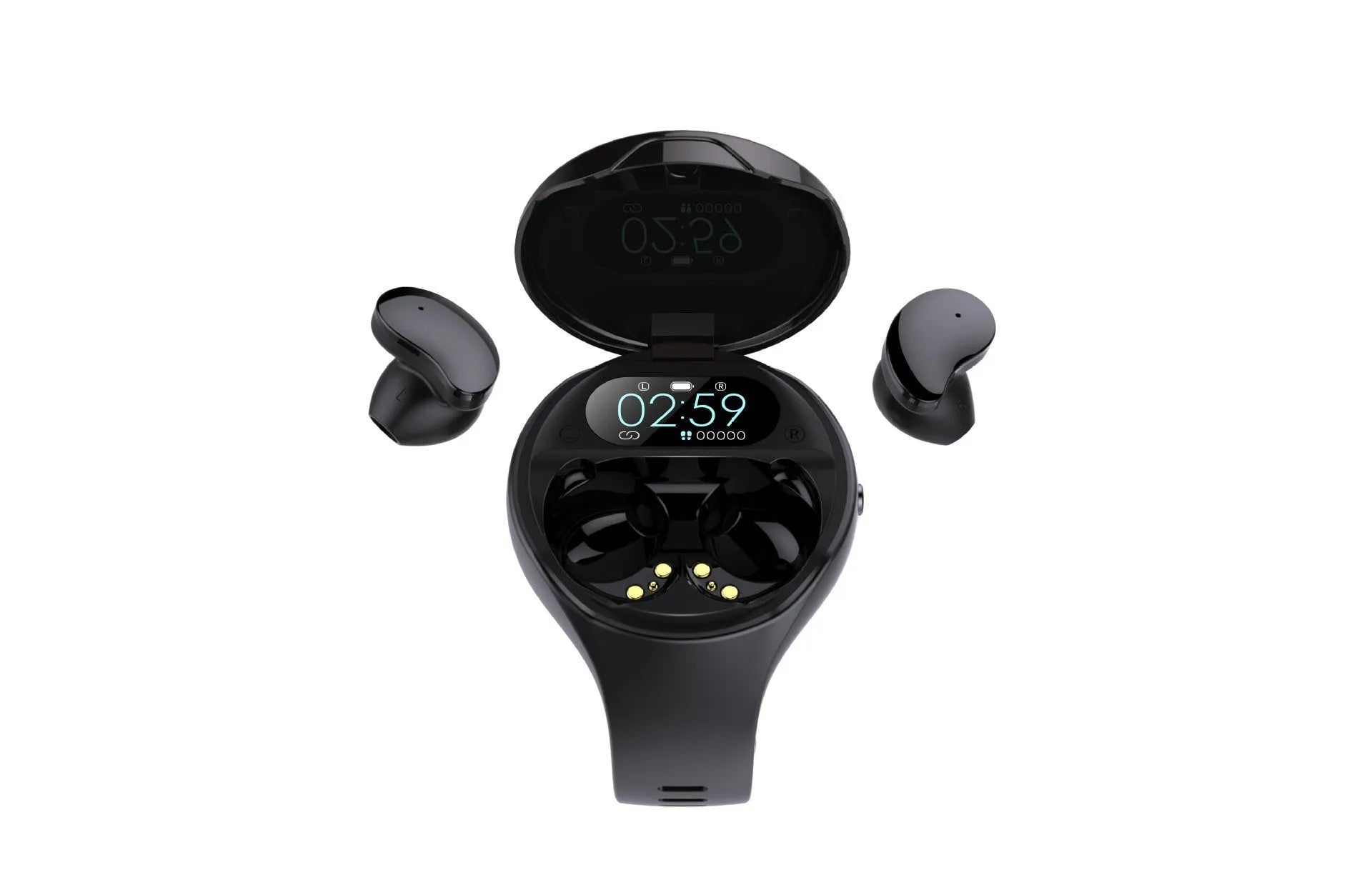Black Bluetooth headset detached from a smart bracelet with a colour screen, showing a heart rate graph.