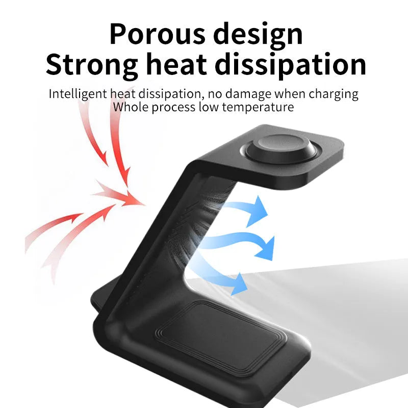 Black and white 3-in-1 upright wireless charger and phone holder on a desk with Type-C cable.