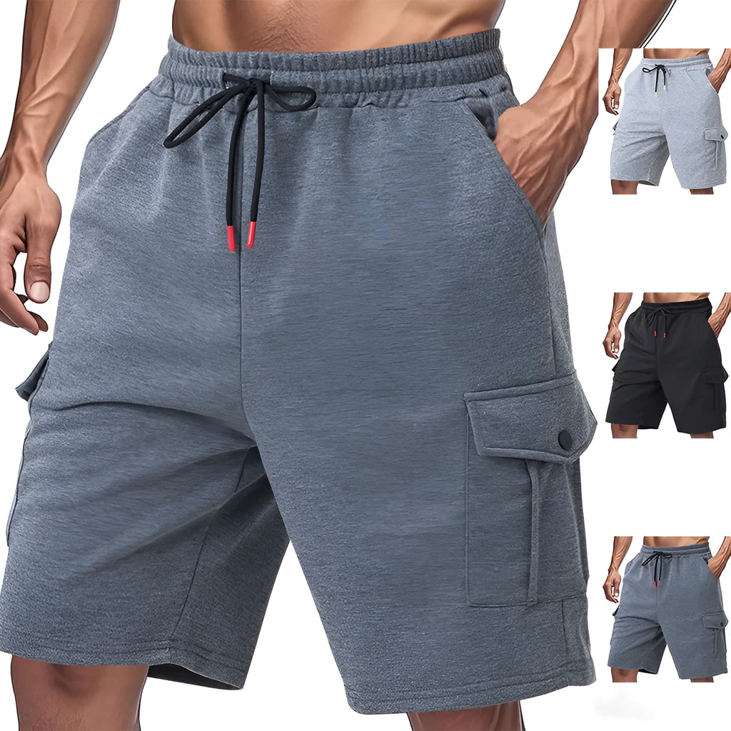 Men's loose fit cargo shorts in light grey with multiple pockets and terry fabric texture