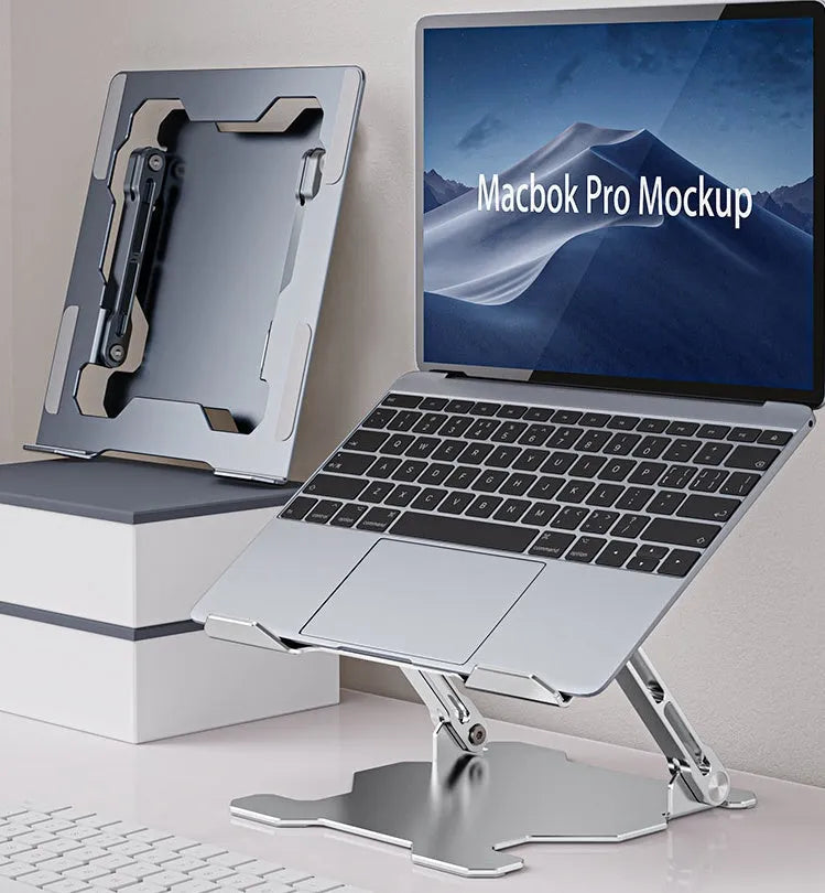 Grey portable aluminum laptop stand with adjustable angle, shown holding a silver laptop.