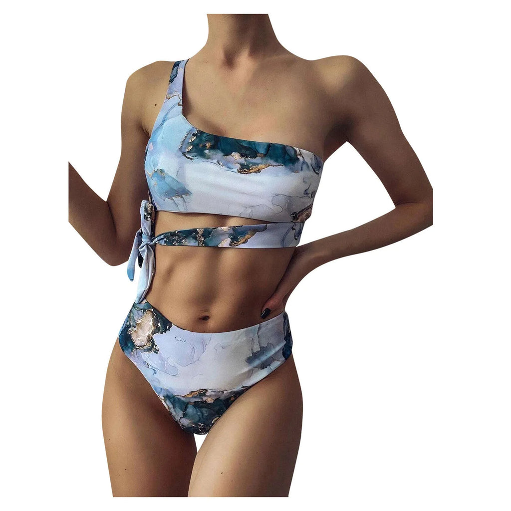 Marble tie-dye print women's high-waisted U-neck bikini swimwear set on a neutral background.