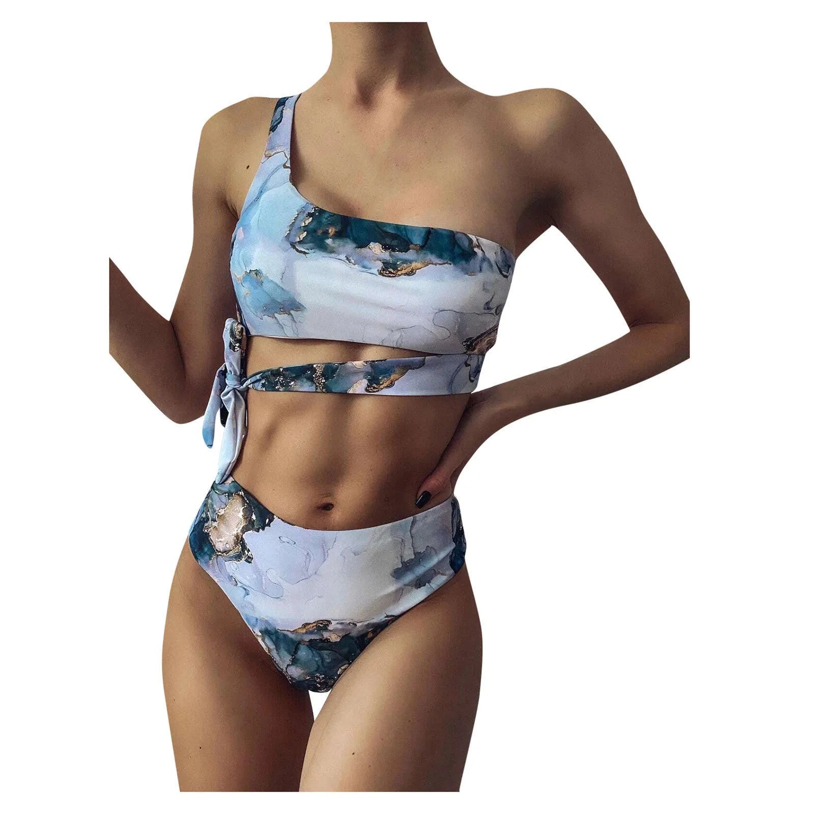 Marble tie-dye print women's high-waisted U-neck bikini swimwear set on a neutral background.