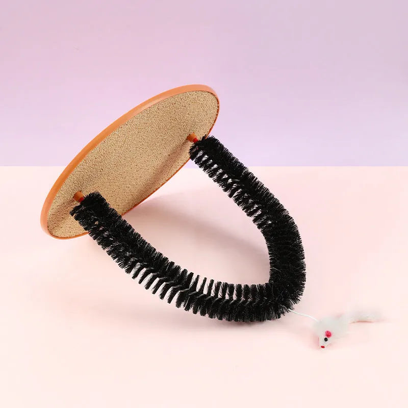 Black arch-shaped cat scratching post with brush, attached plush mouse toy, and non-slip base.