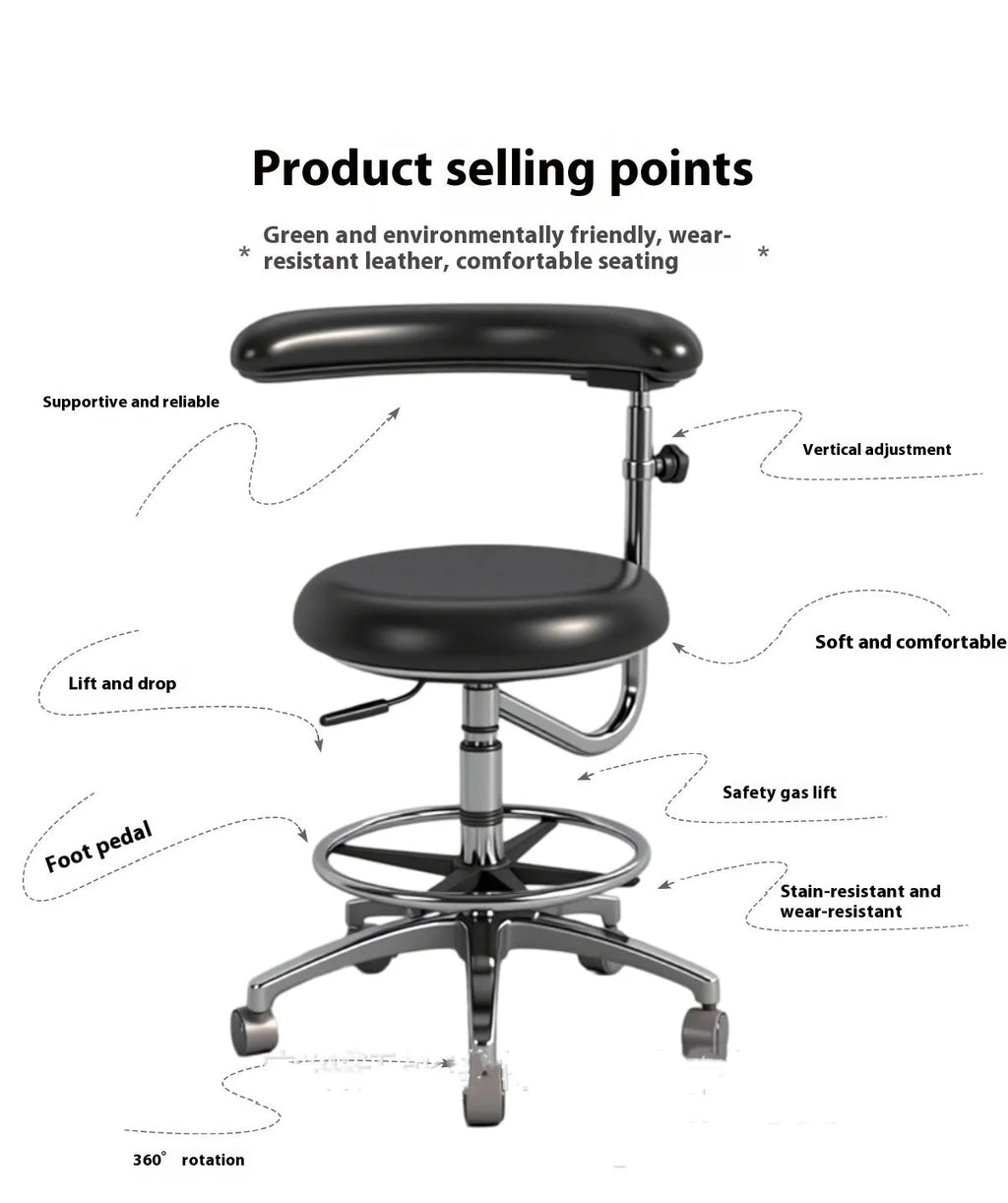 Black leather dental chair with lift adjustment for dentist and nurse clinic seating.