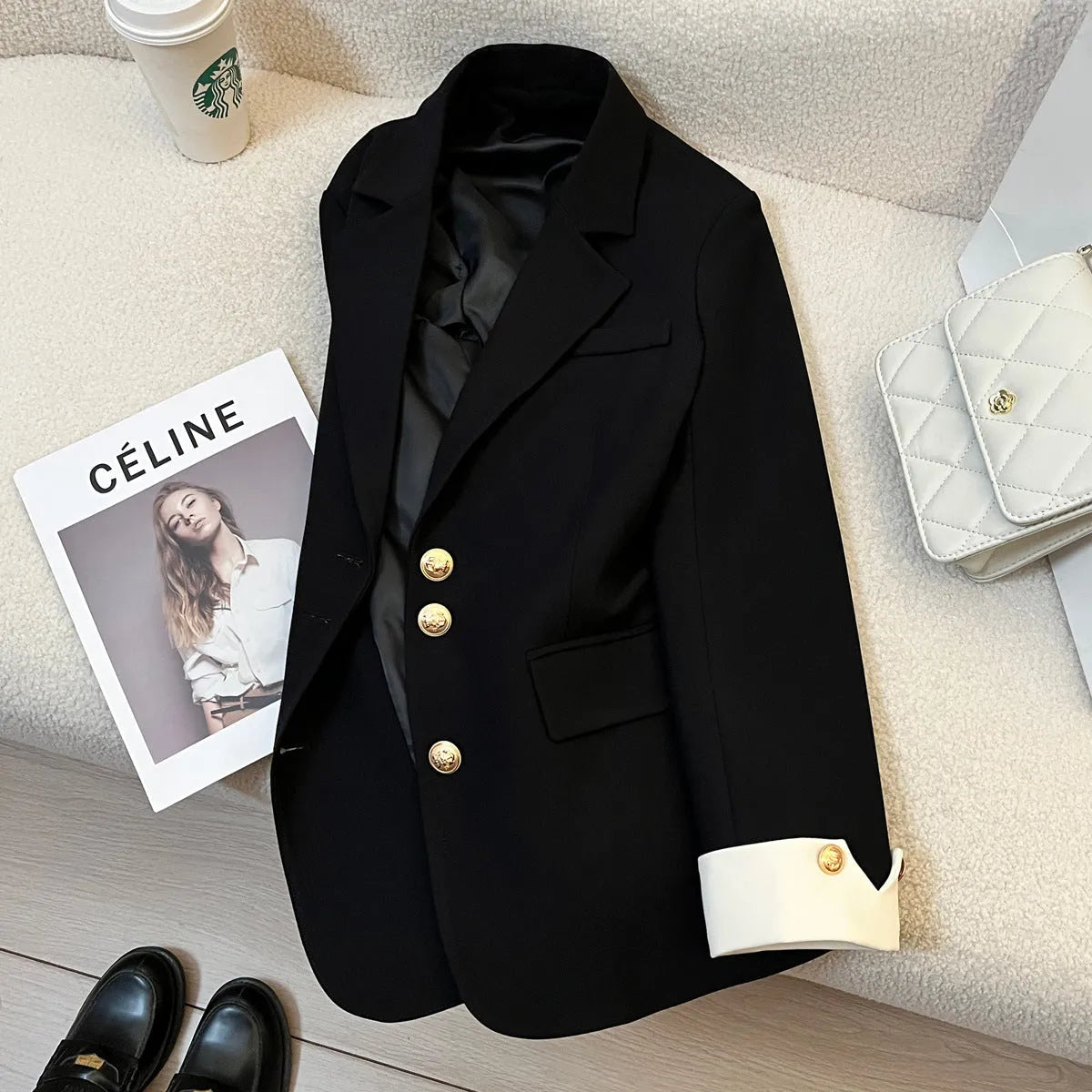 Korean style women's polyester coat in beige with pockets and loose fit design