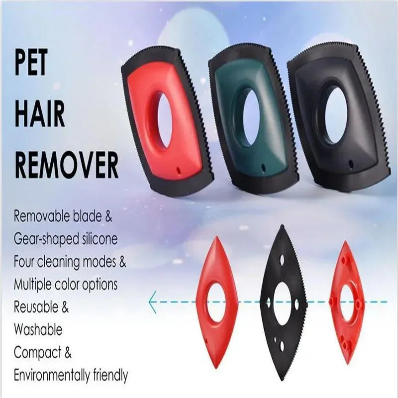 Silicone pet hair remover brush in red colour on a fabric sofa.