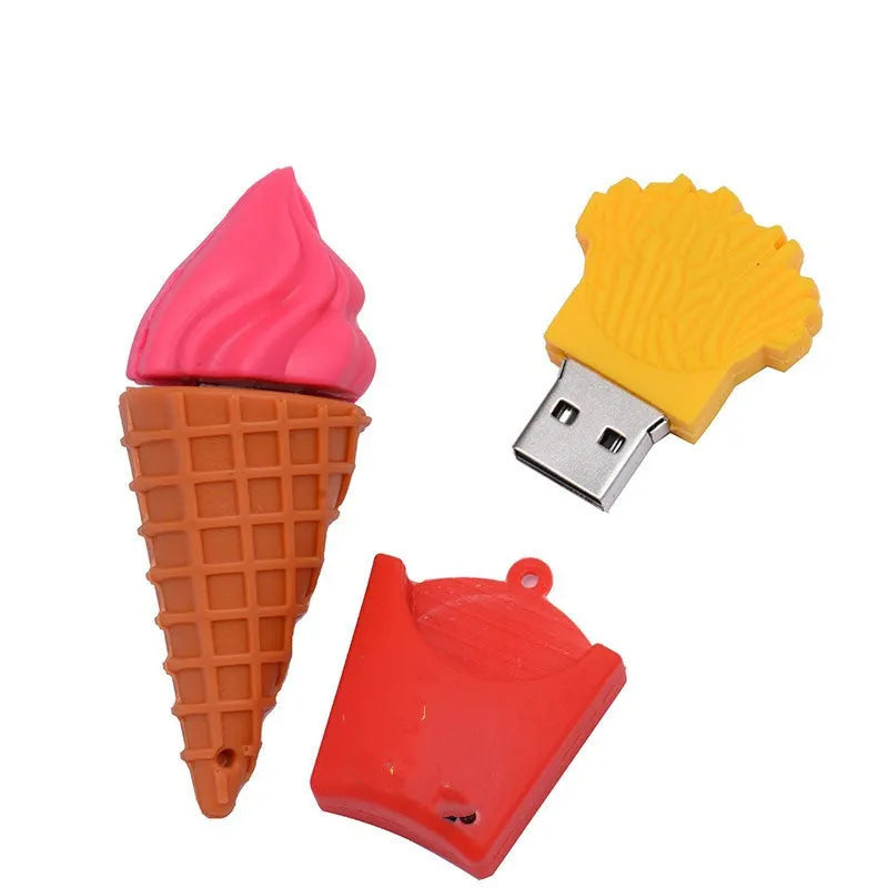 Miniature pink ice cream cone USB flash drive on a white background