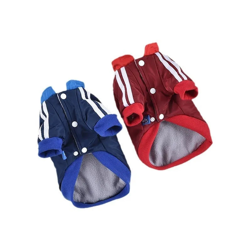 Red or blue thick cotton V-shaped splicing coat for dogs on size chart.