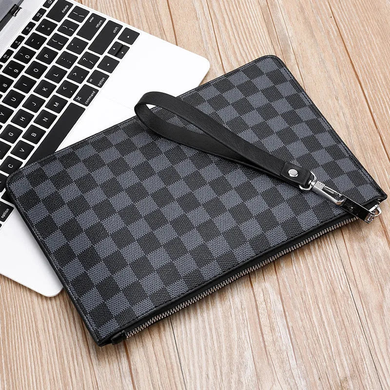 Men's soft PU leather plaid pattern clutch wallet with 6 card slots and zipper pocket