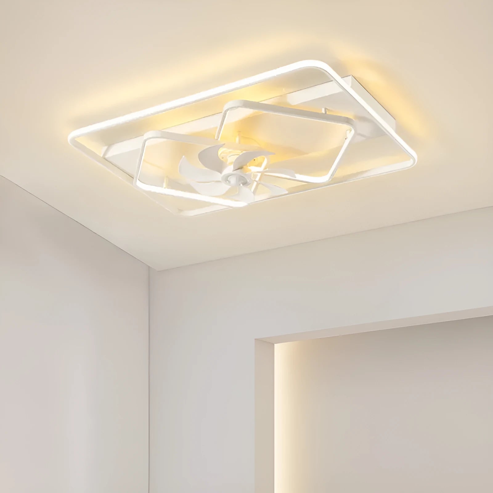 Modern thin suction ceiling fan lamp with acrylic light shade and plastic blades mounted on a white ceiling.