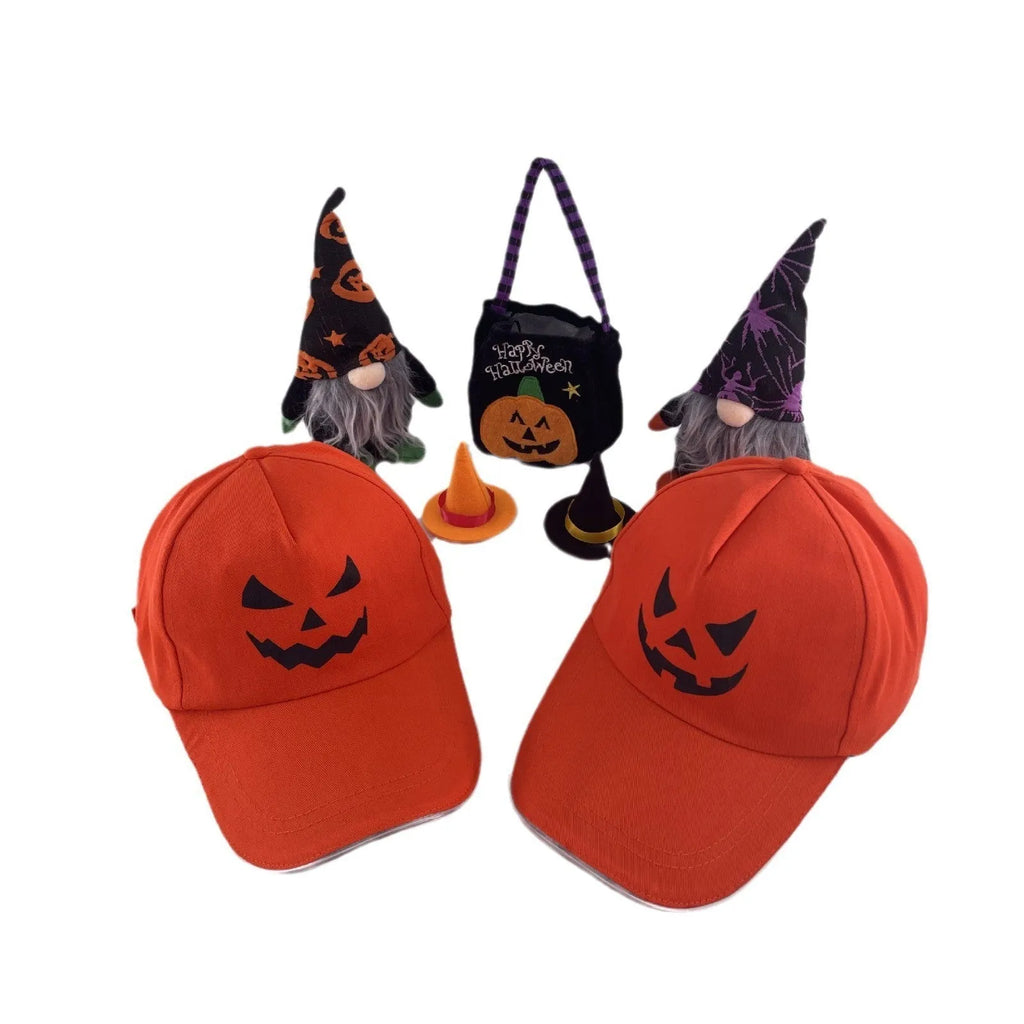 Halloween LED baseball cap with illuminated pumpkin design and adjustable free size fit
