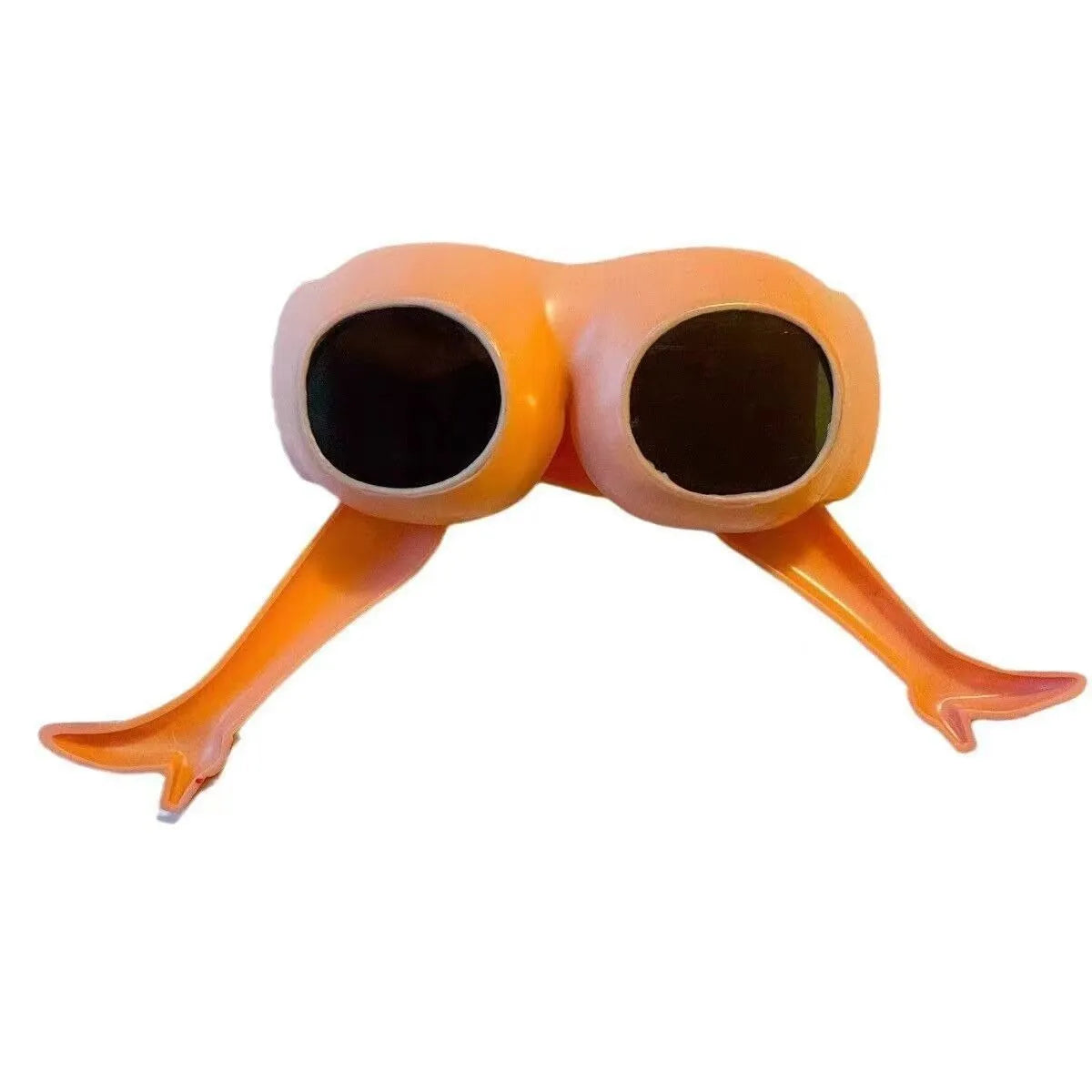 Orange novelty sunglasses with a sculptural leg and hip design on a white background.