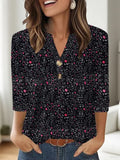 Women's loose-fit V-neck top with a blue 3D geometric pattern print, showcasing front view.