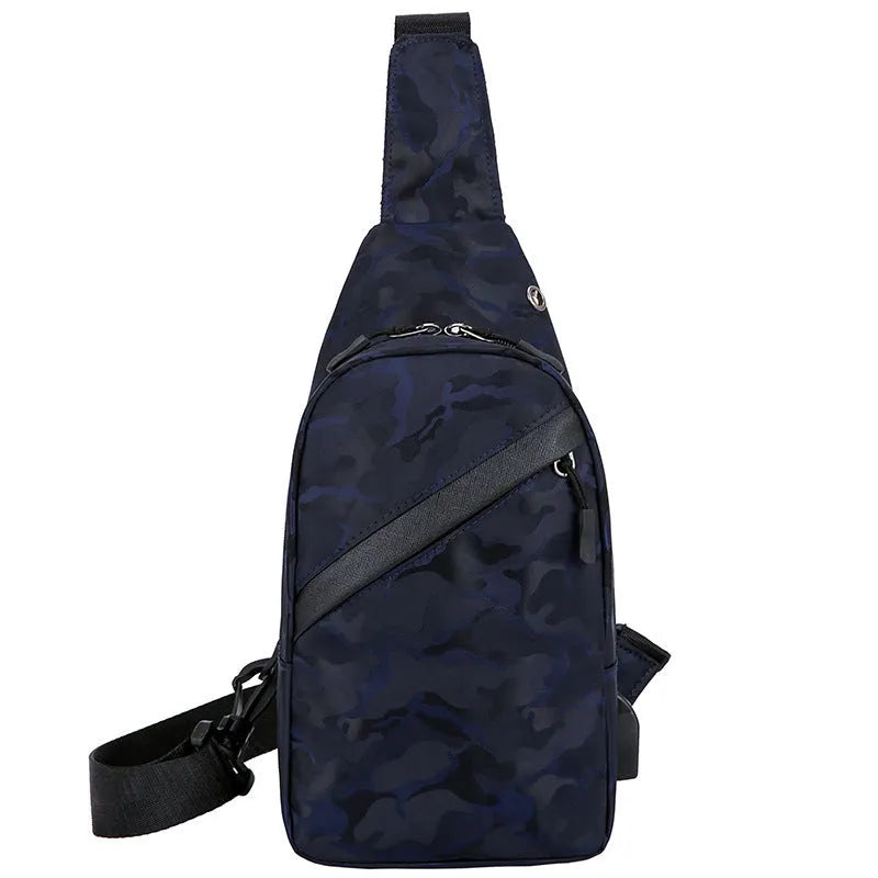 Men's camouflage crossbody chest bag with headphone hole in Camo Black