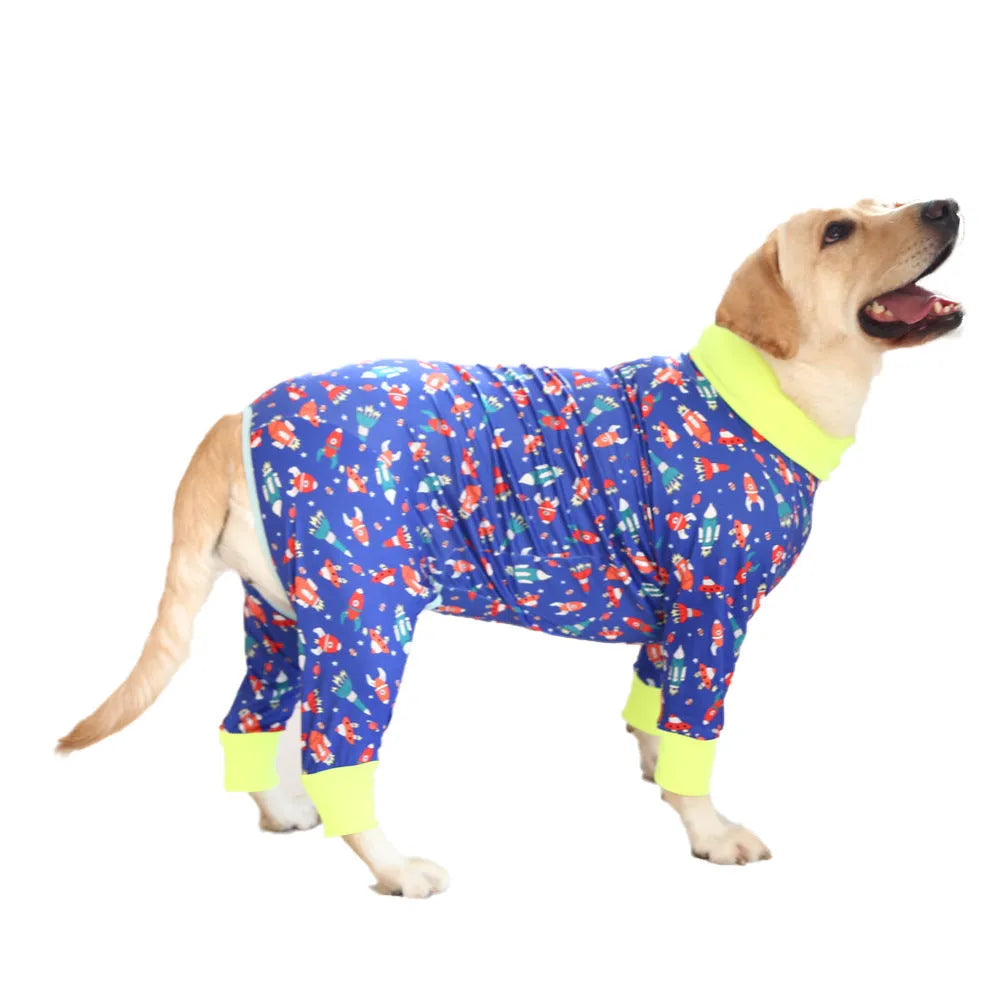 Cotton four-legged dog jumpsuit with colourful print pattern on small dog