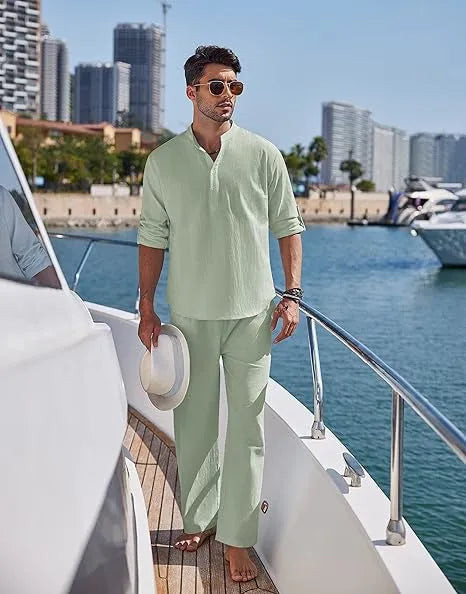 Men's cotton casual suit with long sleeves and trousers in solid colours for spring and autumn leisure wear