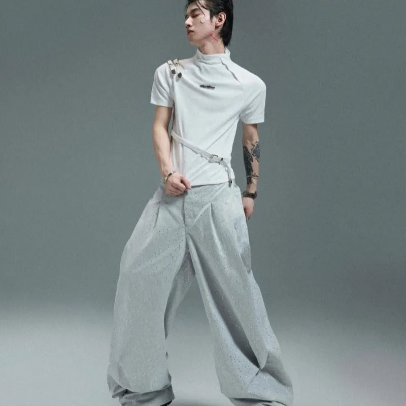 Men's slim fit cotton t-shirt with metal belt detail on stand-up collar in black or white