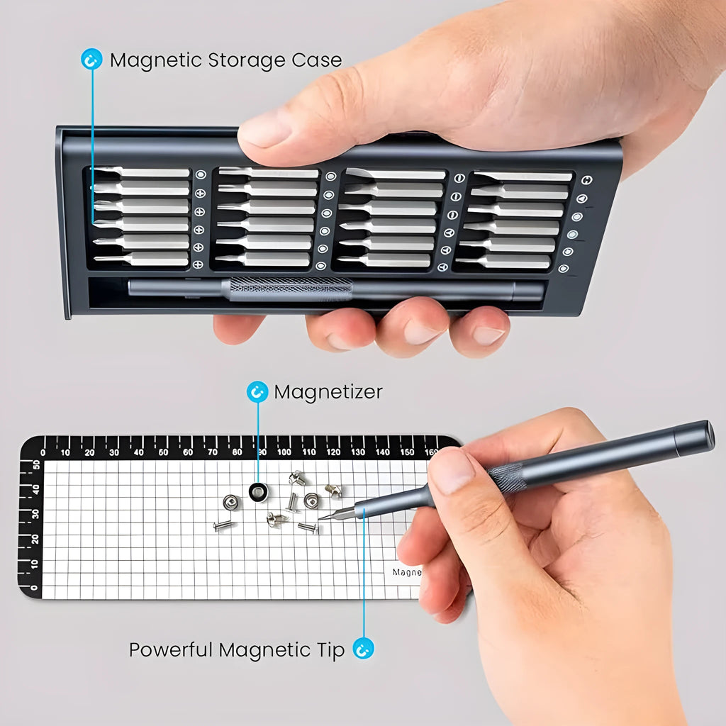 Compact 25-in-one magnetic screwdriver set with chrome vanadium steel bits and ABS handle.
