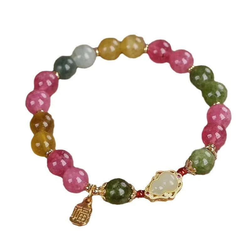 Colourful tourmaline gourd blessing card bracelet for women with flower shape and mixed materials