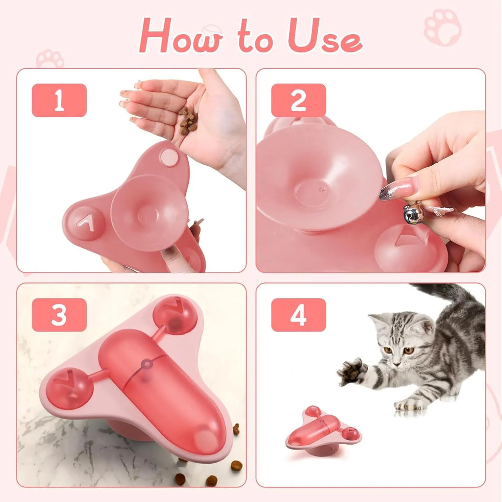 Interactive pet puzzle toy with blue green pink colour options, bell, catnip and treat cabin