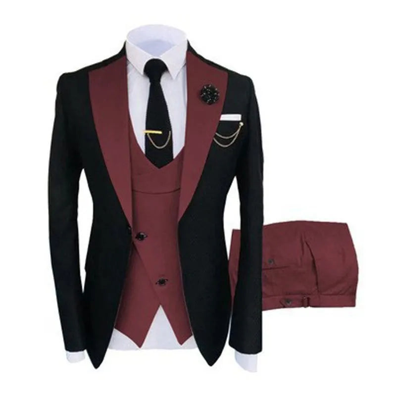 Men's black slim fit three-piece business suit with coat, vest, and trousers on a hanger.